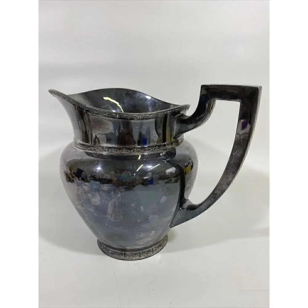 Antique H.S. Co Silverplate Water Pitcher Art Deco 7.75” X 9.5” Geometric Handle